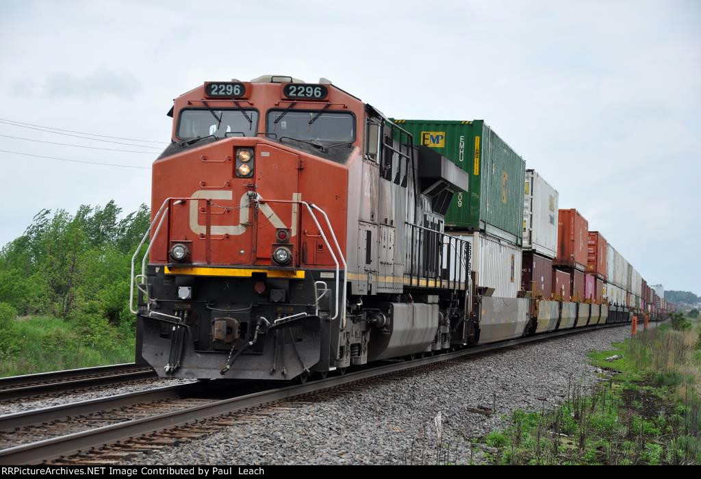 Eastbound intermodal slows for a meet